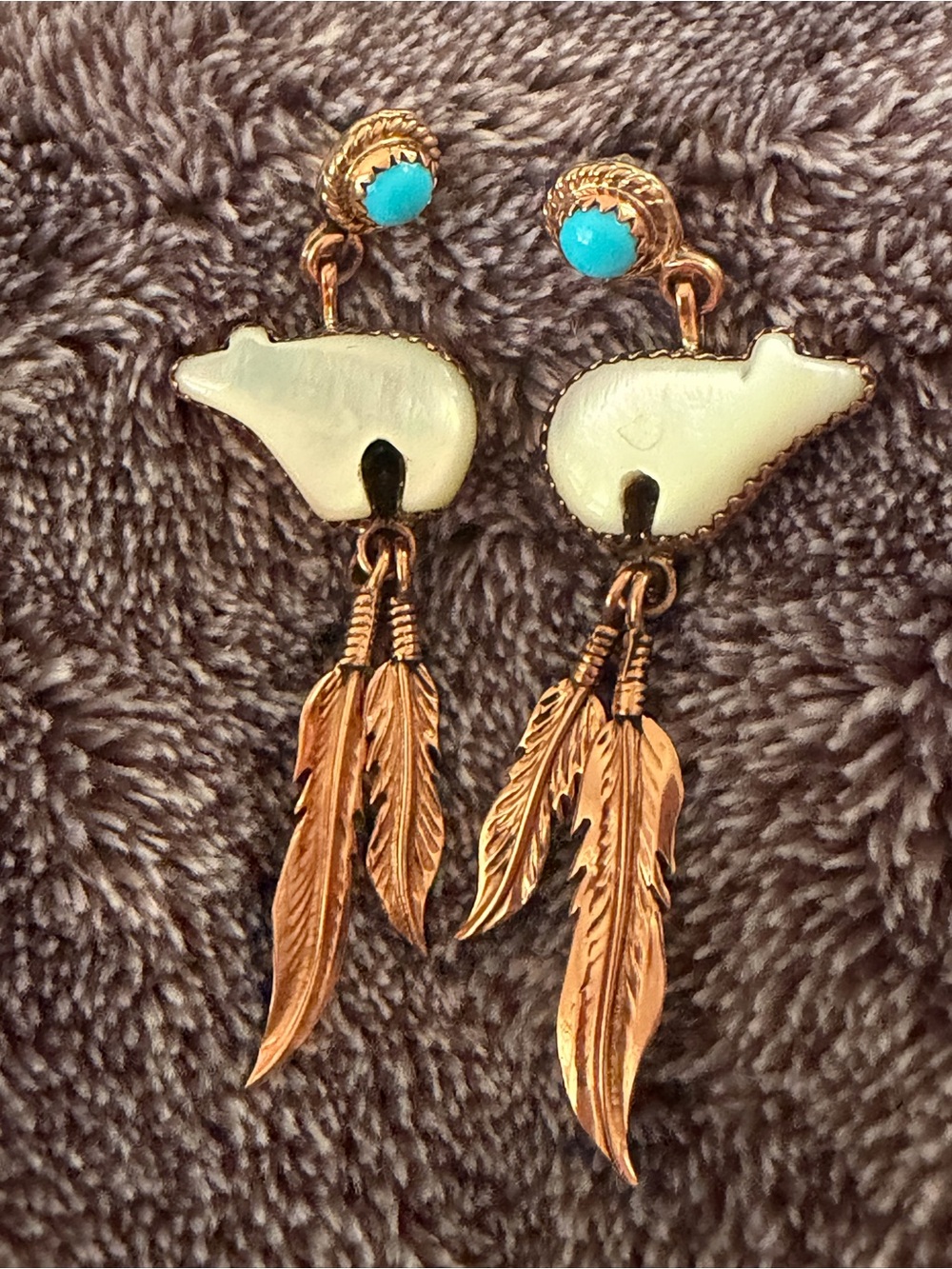 Running Bear CU 925 Mother Of Pearl Bear Turquoise Dangle Earrings  #450